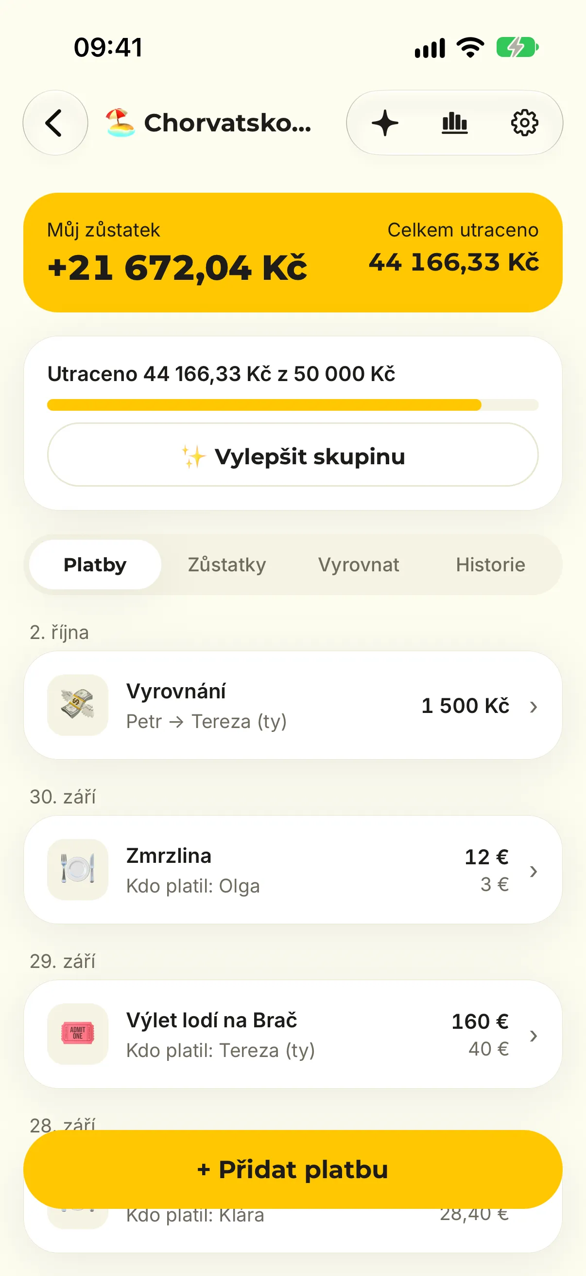 Dlužníček: skupina Chorvatsko 2026 s přehledem plateb a zůstatkem +21 672 Kč