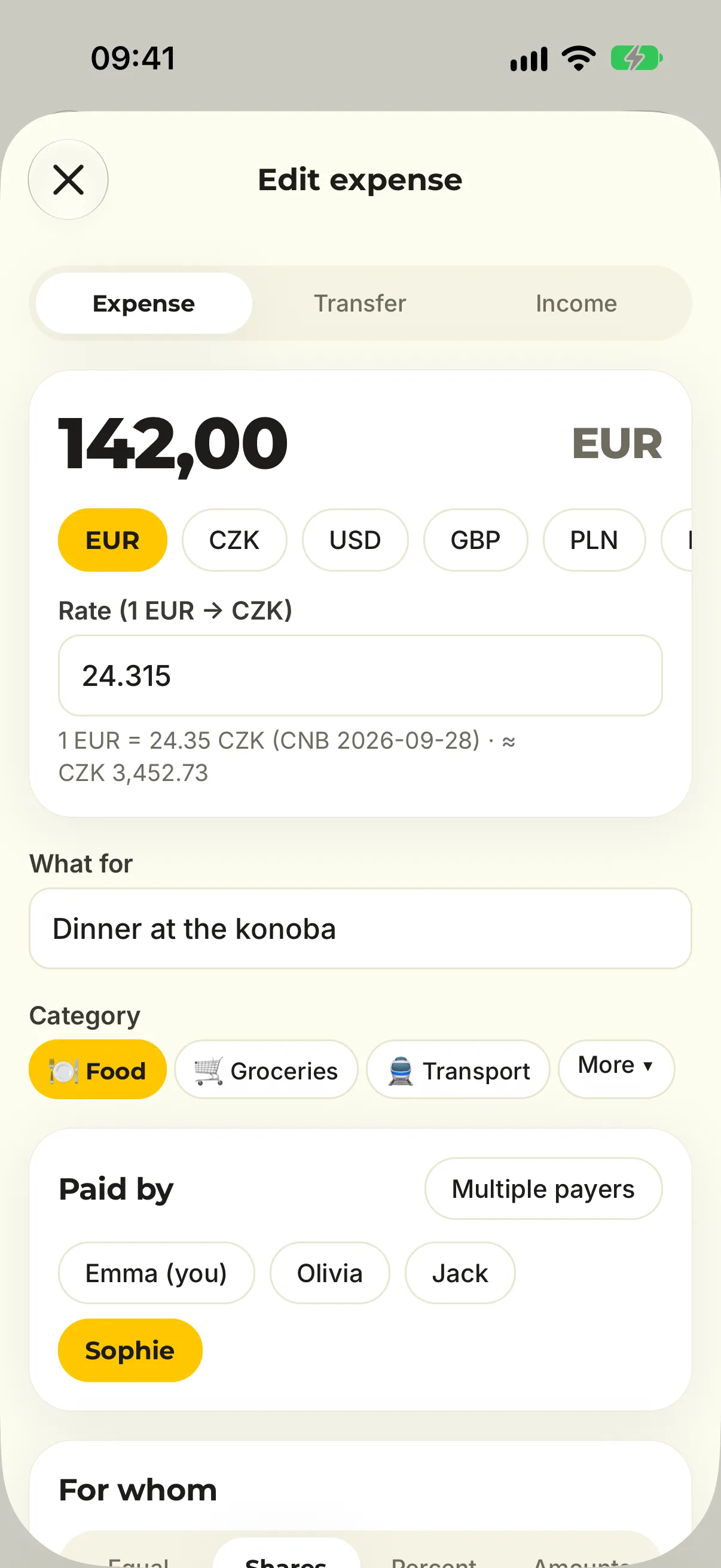 The expense form with a split by shares