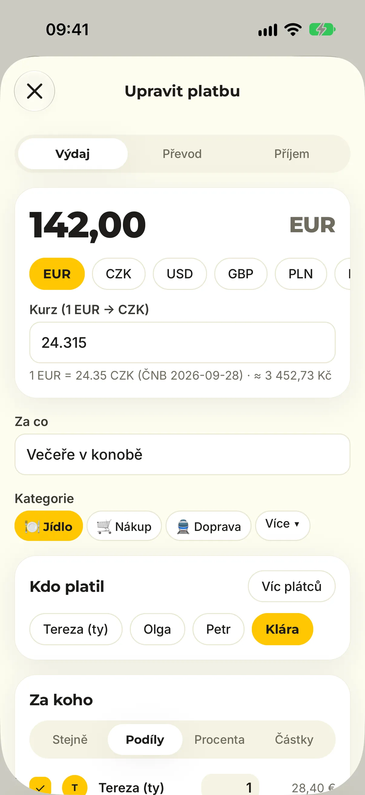Úprava výdaje Večeře v konobě rozdělené podle podílů